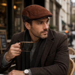 Mann mit brauner Leder-Schiebermütze in stilvoller Stadtkulisse