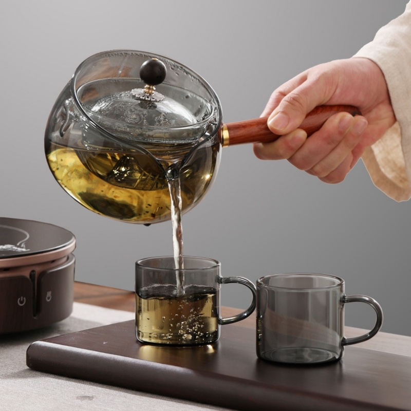 Semi-automatic Rotary Heat-resistant Glass Teapot With Infuser And Wooden Handle