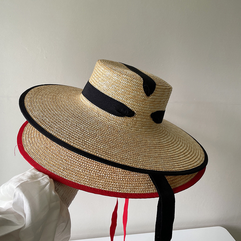 French Vintage Style Straw Hat With Wide Brim And Strap