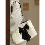 Bow Tote White Spacious Canvas Shoulder Bag