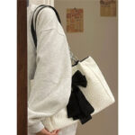 Bow Tote White Spacious Canvas Shoulder Bag