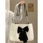 Bow Tote White Spacious Canvas Shoulder Bag