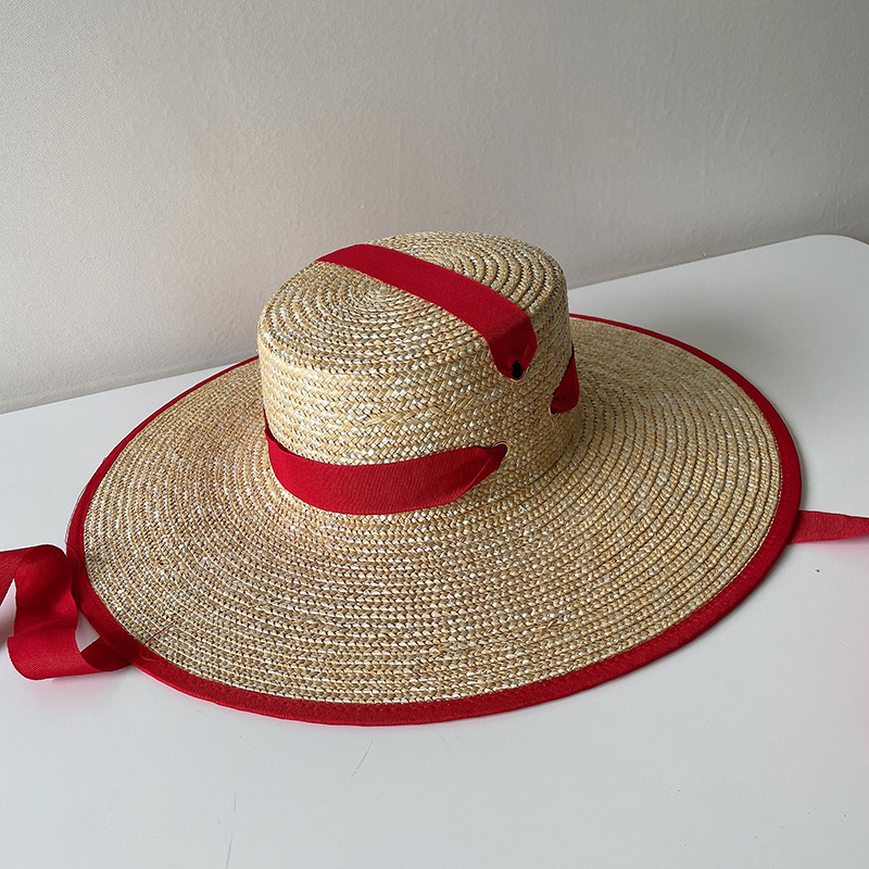 French Vintage Style Straw Hat With Wide Brim And Strap