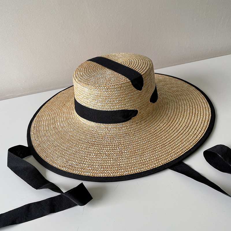 French Vintage Style Straw Hat With Wide Brim And Strap