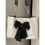 Bow Tote White Spacious Canvas Shoulder Bag