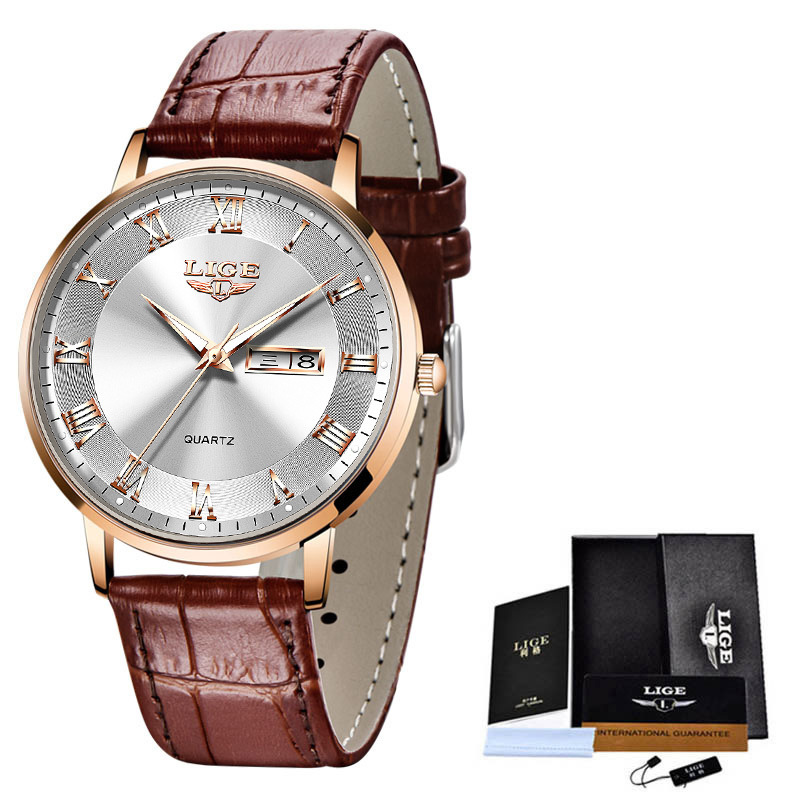 LIGE Thin Quartz Dual Calendar Waterproof Watch