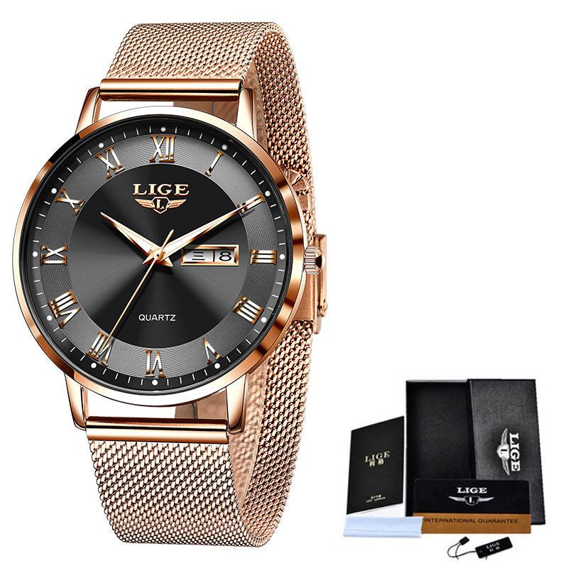 LIGE Thin Quartz Dual Calendar Waterproof Watch