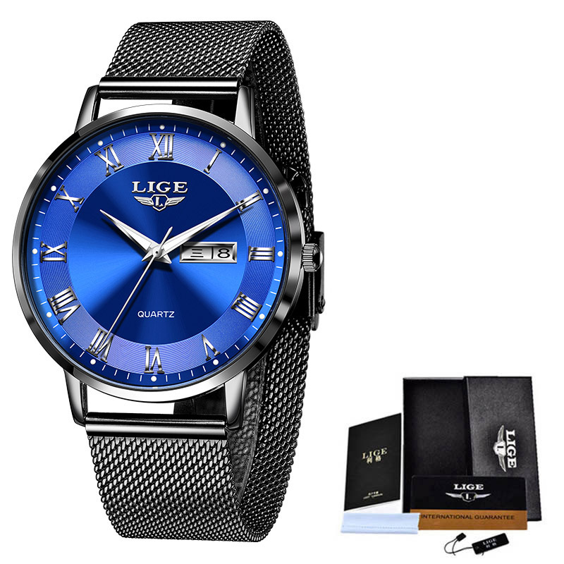 LIGE Thin Quartz Dual Calendar Waterproof Watch