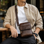 brown leather crossbody bag men cafe lifestyle outfit