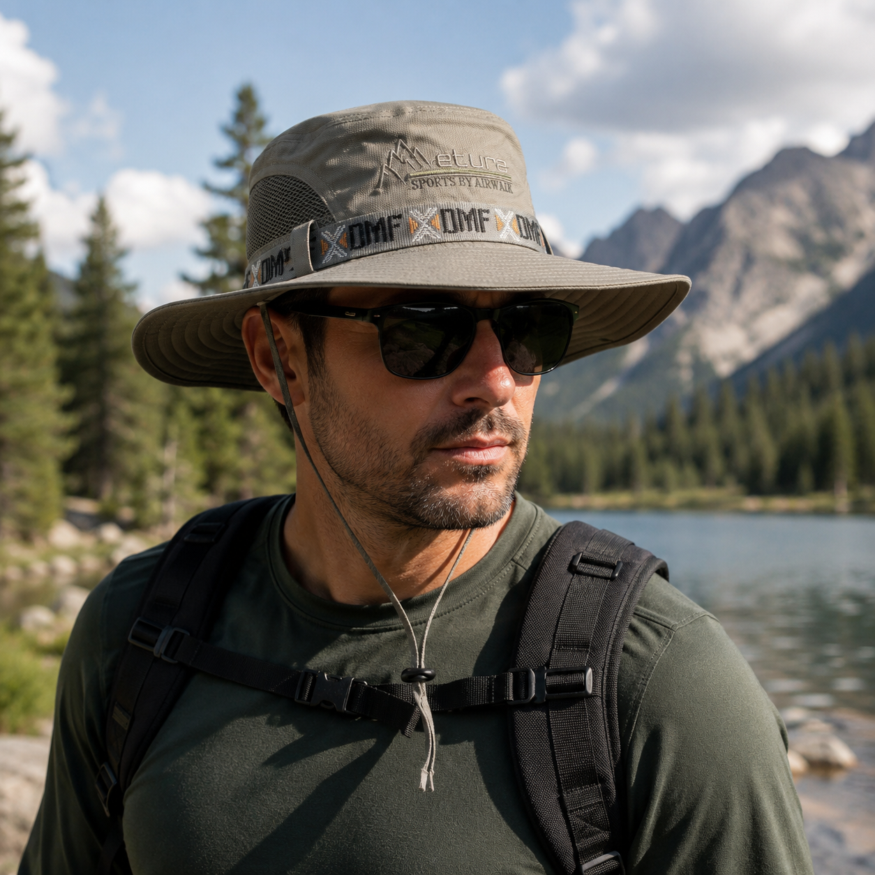 Men's breathable cotton outdoor sun hat with wide brim and chin strap