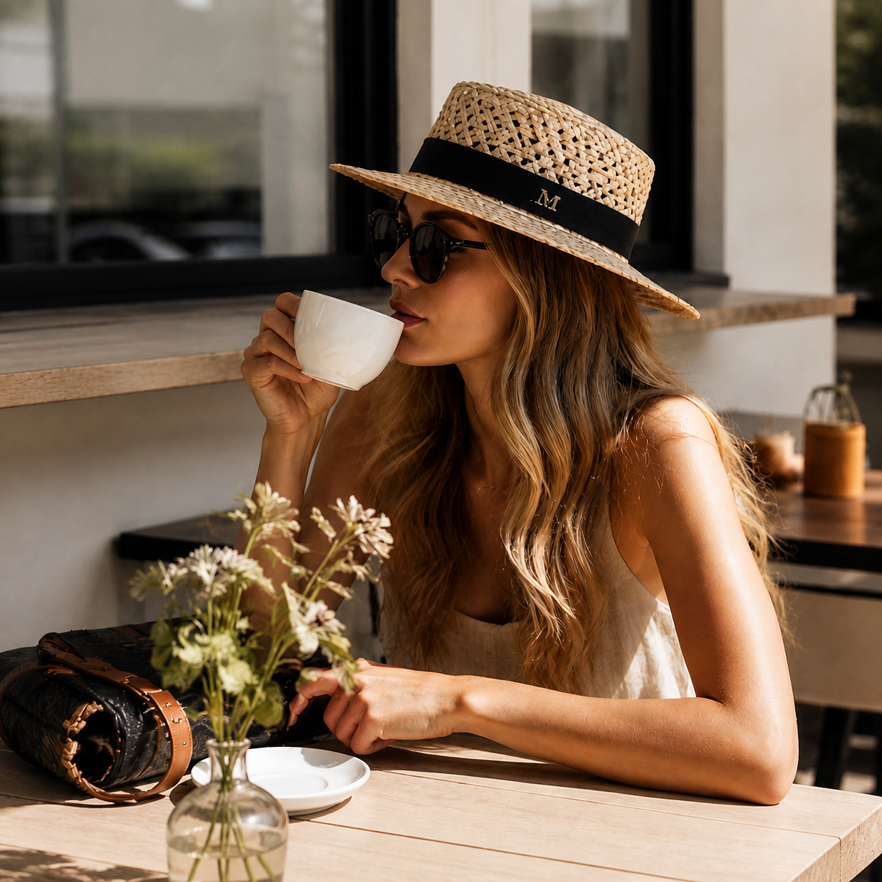 women’s wide brim straw hat minimalist cafe summer style
