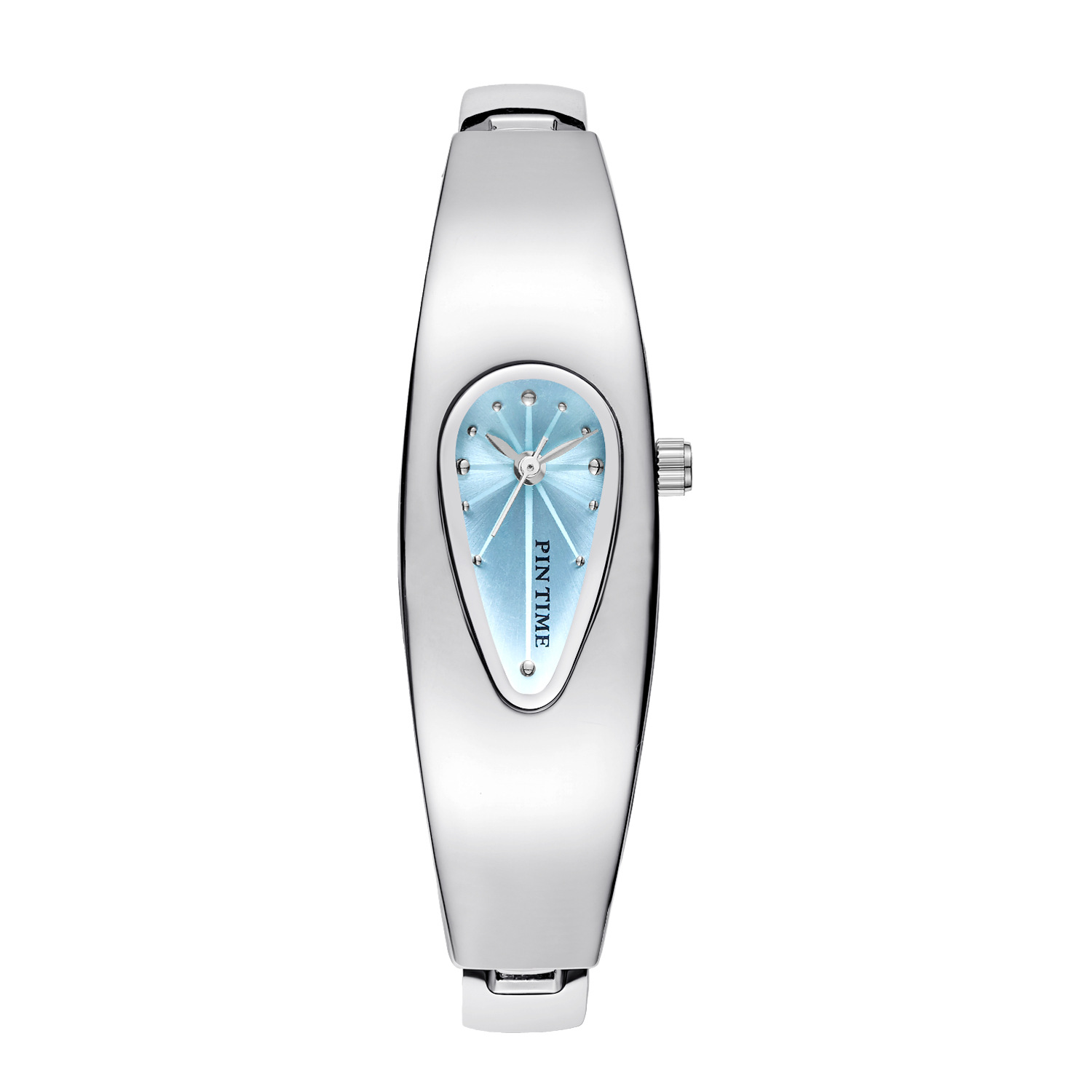 minimalist womens jewelry watch with waterdrop shape silver blue