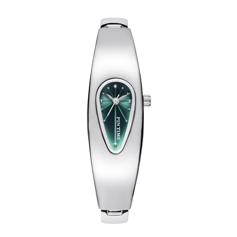 minimalist womens jewelry watch with waterdrop shape silver green