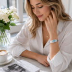 Woman wearing a minimalist silver waterdrop jewelry watch with a blue dial in a bright modern lifestyle setting.