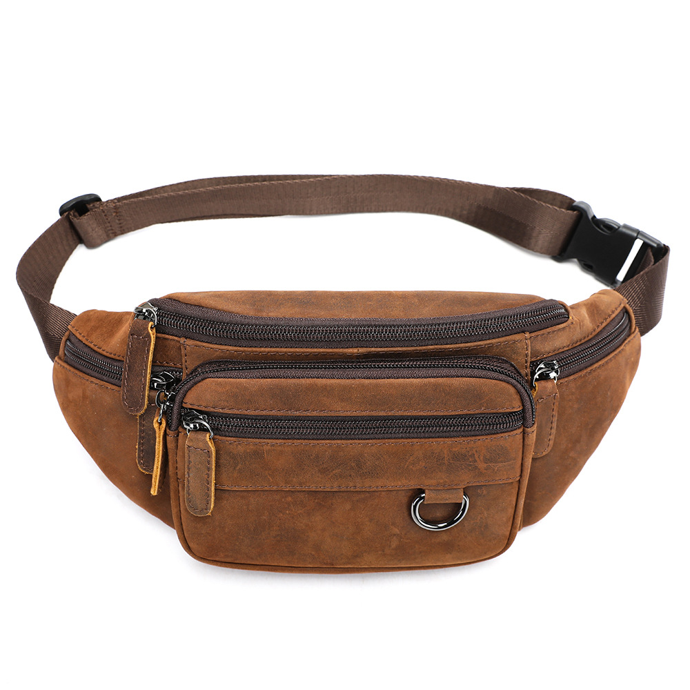 Brown leather sling bag for men front view on white background