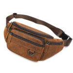 Brown leather sling bag for men side view on white background