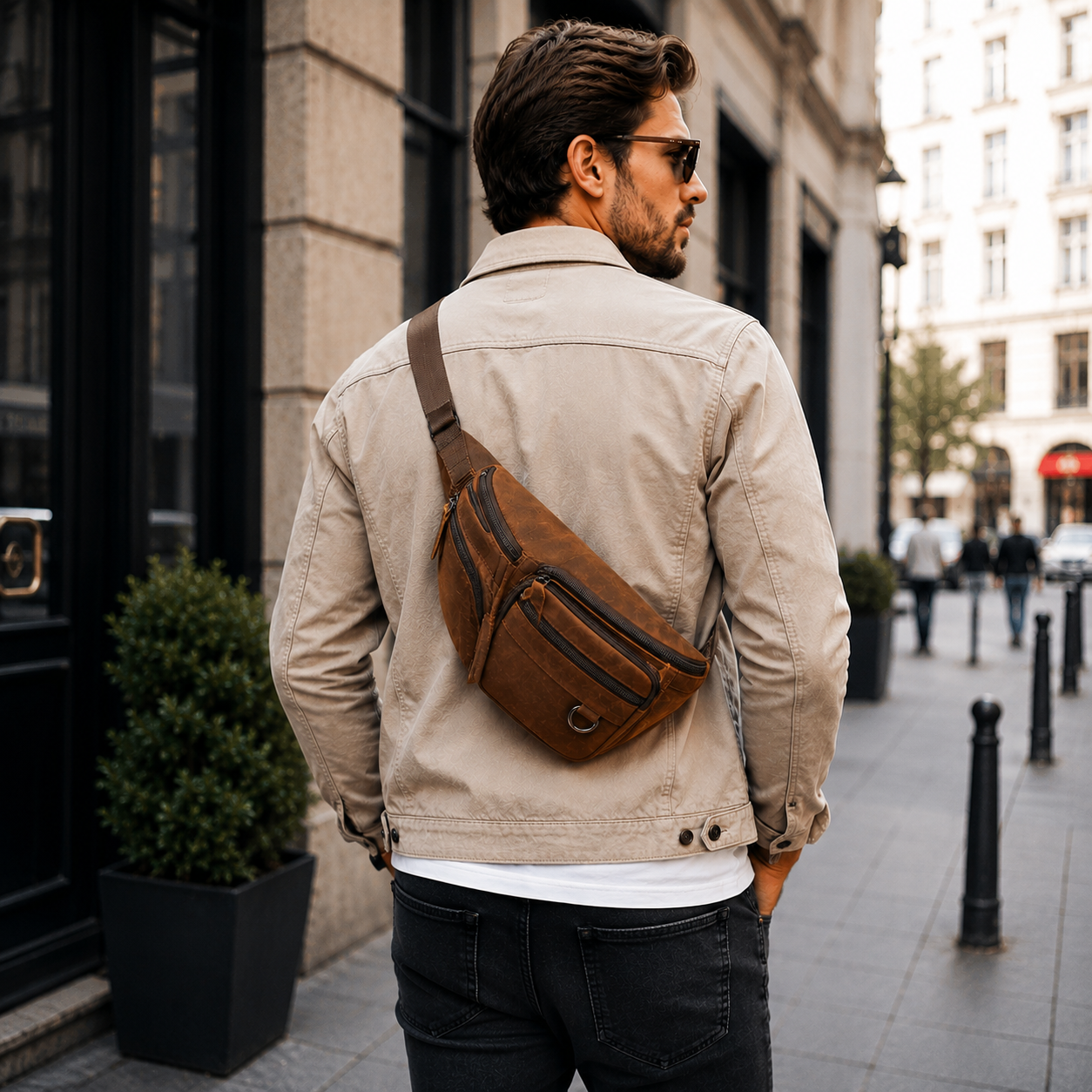 Man wearing leather sling bag on back in city street