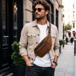 Man wearing brown leather sling bag crossbody in urban city setting