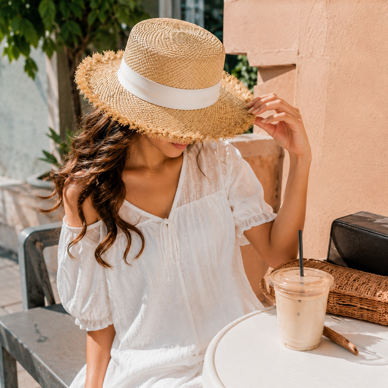 womens straw hat summer cafe outfit french style