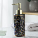 Black marble soap dispenser with gold pump – luxury ceramic bathroom decor