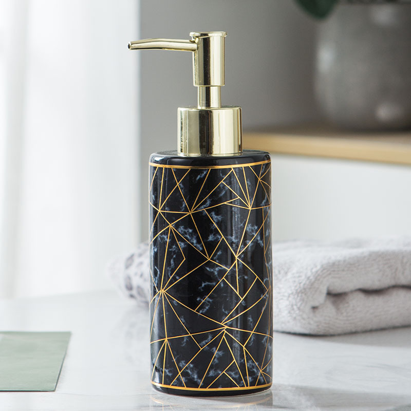Black marble soap dispenser with gold pump – luxury ceramic bathroom decor