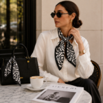 Elegant black and white silk scarf for women