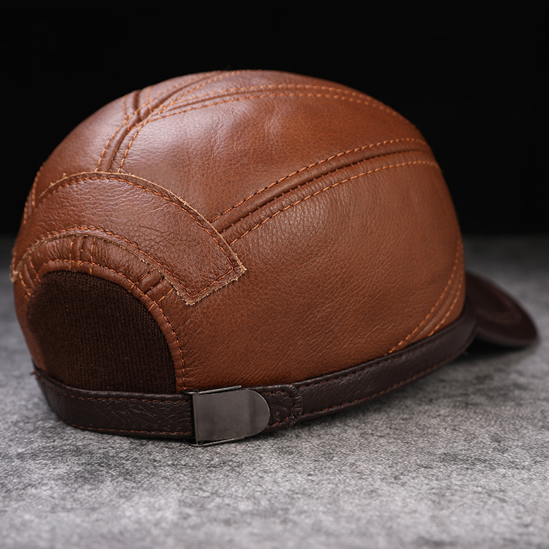 Men's Leather Cap - Adjustable Fit Detail Back view of leather cap with adjustable strap