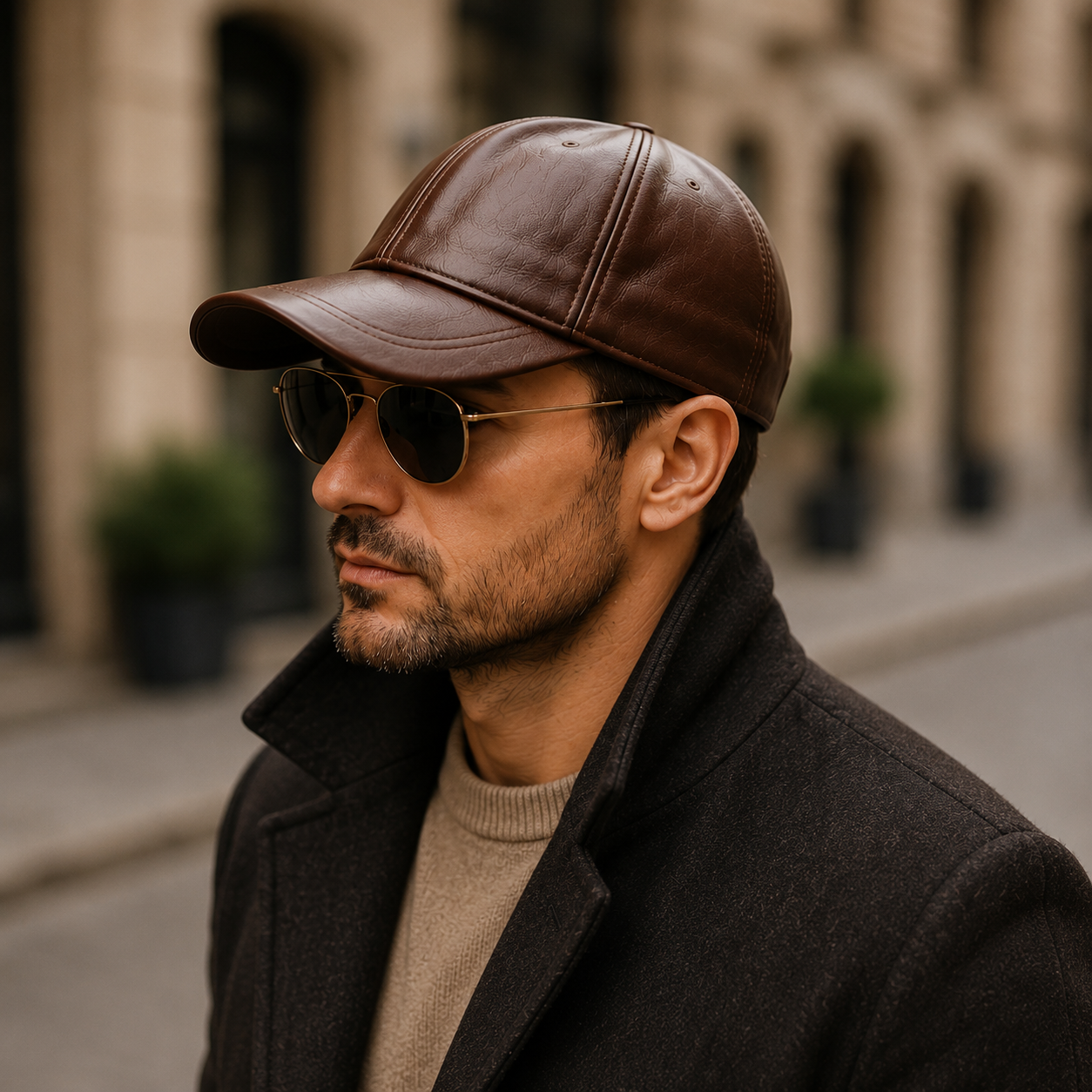 Men’s Leather Cap – Urban Lifestyle View Men’s leather cap styled with coat in autumn city outfit