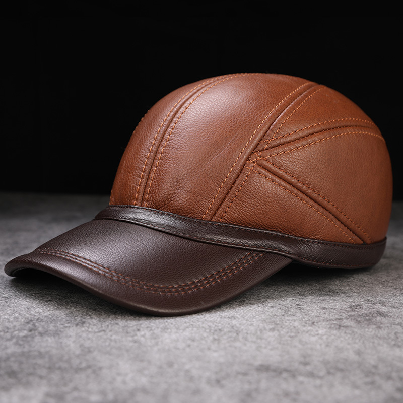Left Side Profile – Structured Fit Left side profile of men’s light brown leather baseball cap