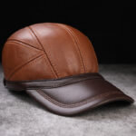Men’s Leather Cap – Stylish Brown Baseball Cap Right side profile of men’s light brown leather baseball cap