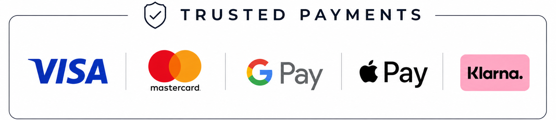 Secure payment methods: Visa, Mastercard, Google Pay, Apple Pay, Klarna