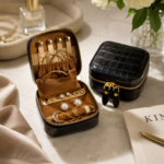 Elegant genuine leather travel jewelry case with crocodile-embossed finish storing rings, earrings and necklaces on a marble vanity.